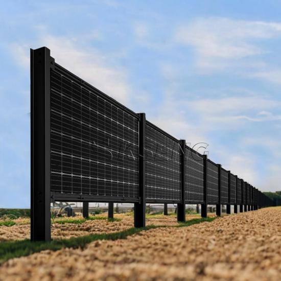 Vertical solar fence system installed with bifacial solar panels for efficient renewable energy generation